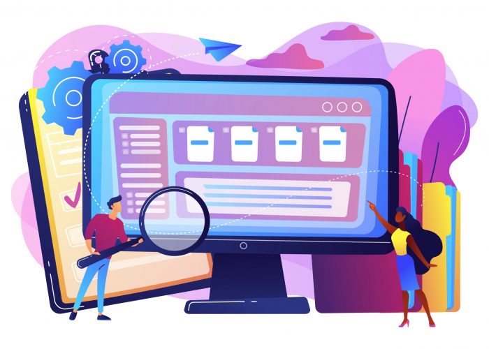 Tiny business people with magnifier work with document management on computer. Document management soft, document flow app, compound docs concept. Bright vibrant violet vector isolated illustration