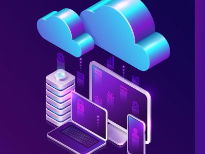 Digital data migration isometric landing page, cloud computing, media server, saas service for private information and files storage, gadgets connected in network system, web hosting 3d vector banner