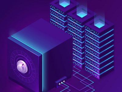 Data protection program, isometric concept vector illustration. Server racks and digital safe for secure information storage, protection against hacking, breaking and personal data stealing