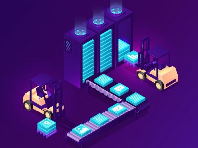 Information storage isometric concept, technology vector illustration. Server racks, conveyor belt with web information icons and yellow loaders loading data in database, purple network banner